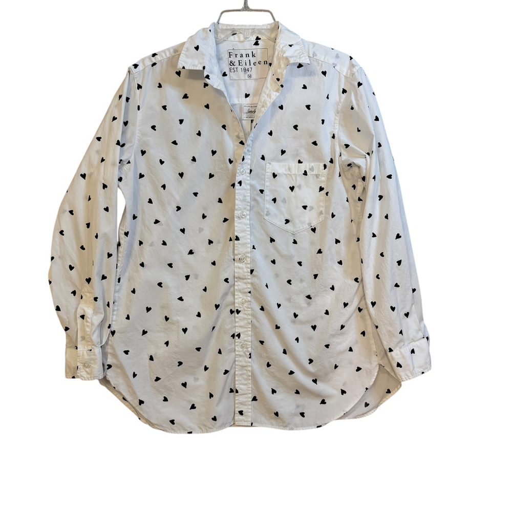 Frank & Eileen White Button-Down Shirt with Black Heart Print